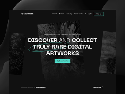 NFT marketplace mainpage 3d abstract artist bitcoin crypto cryptocurrency darkmode digital art marketplace e commerce editorial geometry illustration neue machina nft render store typography ui ux website
