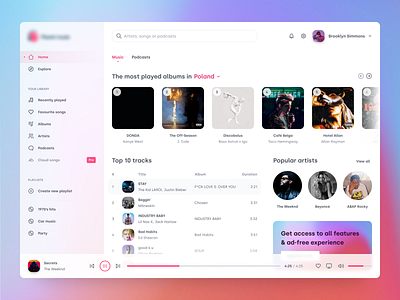 Clean music streaming client app clean dashboard design itunes light minimal music music player player product design side menu sound spotify tidal ui ux web web design