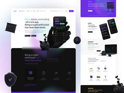 Landing page for crypto news app 3d app bitcoin branding clean crypto crypto trading cryptocurrency dark theme design dogecoin ethereum landing page minimal neon news reader ui ux web design website