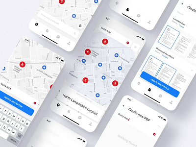 Planning App. Document Overview animation app bar clean map menu mobile ui ux white
