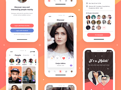 Dating App app concept dating dating app design event invite ios like match mobile onboarding people swipe theme ui ux