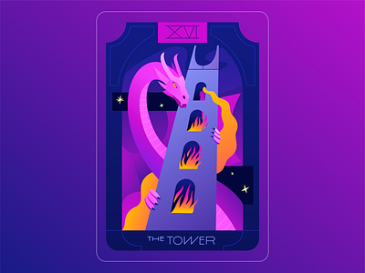 Tarot N16 — The Tower 2022 card character character design design dragon girl hair illustration tarot tarot cards tower vector