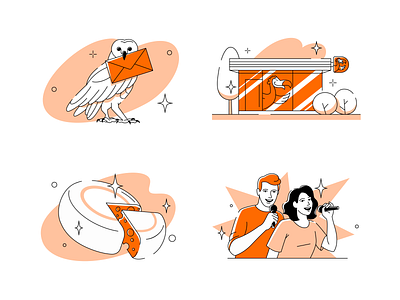 Dodo Pizza illustrations 2022 app illustrations character character design delivery design illustration karaoke owl restaurant shop vector