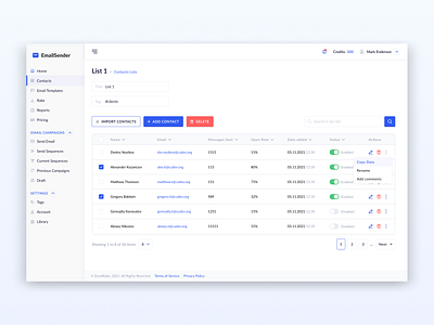 Email Sender: Table with the List of Contacts dashboad ui uiux ux web web design web ui web uiux webdesign website