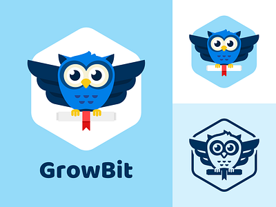 GrowBit – logo badge blockchain brand branding education flat design logo logotype owl