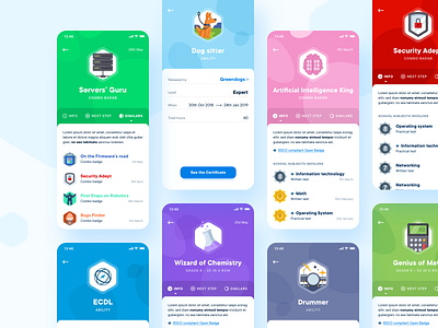 GrowBit – Badges abilities app badges blockchain education flat design grades illustration mobile school school subject student ui