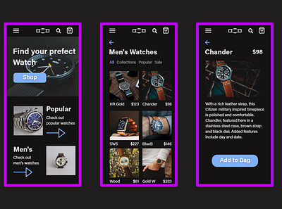 Mobile watch shop app design dark theme ecommerce mobile design ui design