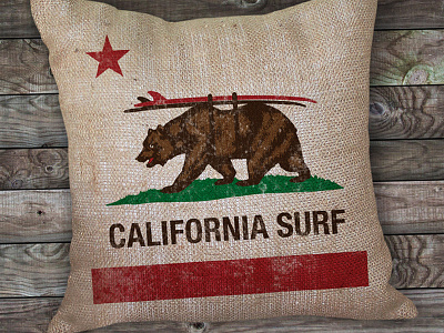 CA Surf bear burlap ca cali california flag pillow surf