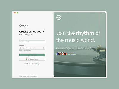 Sign up - rhythm app design create account sign up signup ui user experience user interface ux web webdesign