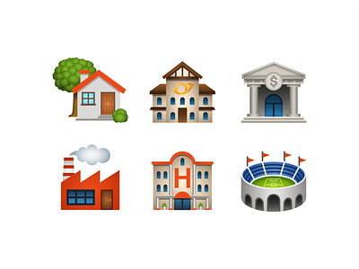 Emoji: place-building bank building color design emoji factory hotel house icon illustration post office stadium vector
