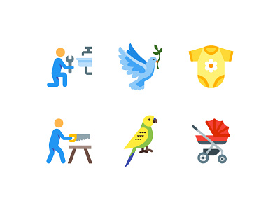 Color style icons baby baby carriage bird clothing color design icon illustration plumber sawing man ui ux vector worker