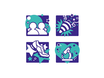 Challenge Icons celebrate confetti heart hug icon microscope party people purple research rounded run science series shoulders sneaker star teal vector