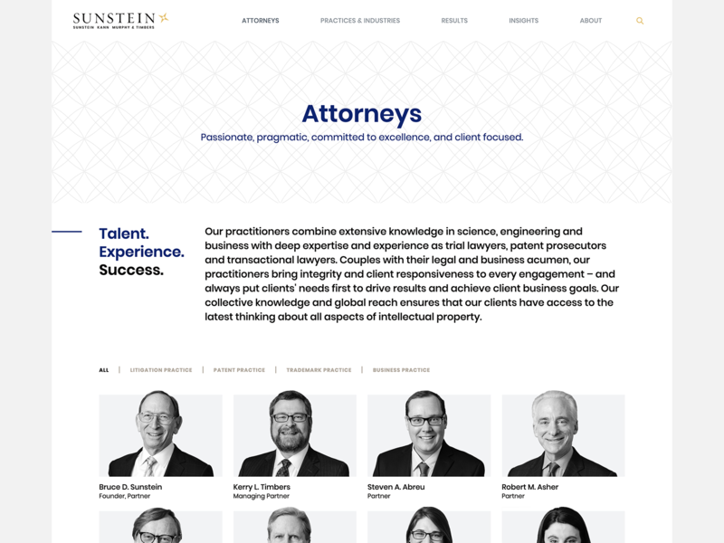 Sunstein, Kann, Murphy & Timbers - Attorneys attorney bio design system grid hero illustration law leadership legal modular modules pattern team
