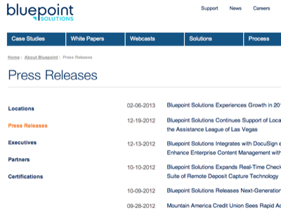 Re-design for Bluepoint Solutions -press releases blue bluepoint clean menu navigation ux