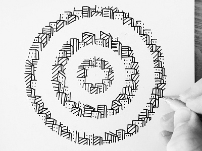 Round building circle city doodle drawing geometric handmade landscape round shape sky