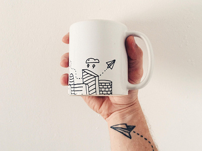 Little planes passing by... buildings clouds custom doodle drawing landscape mug plane