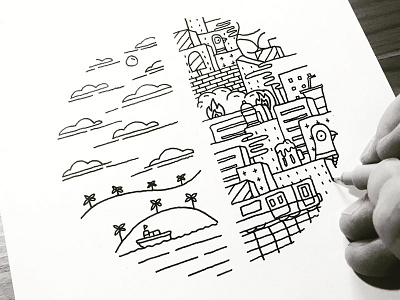 Quiet vs Storm buildings city contrast doodle drawing geometric landscape minimalist nature round shape