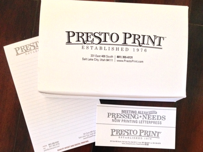 Presto Print Collateral branding letterpressed logo design marketing notepads
