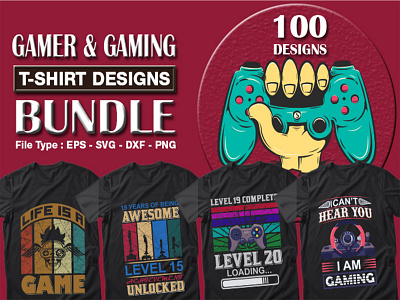 Best selling 100 Gaming and Gamer T-shirt Designs Bundle