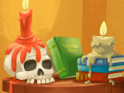 Books, candles, and a skull candle color illustration photoshop skull