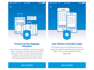 Onboarding screens with some new illustrations. baggage blue icons illustration insurance iphone onboarding protection