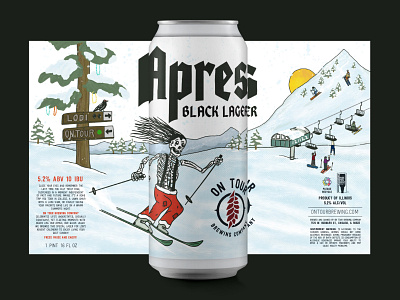 Apres Black Lager // On Tour Brewing beads brewery can design craft beer crow illustrated beer label mountains on tour skeleton ski lift skiing