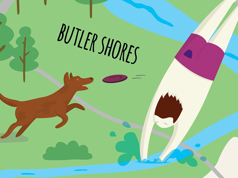 Austin Map shorts trees frisbee water diving dog vector illustration austin butler shores