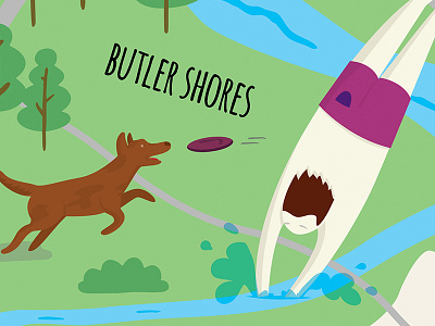 Austin Map austin butler shores diving dog frisbee illustration shorts trees vector water