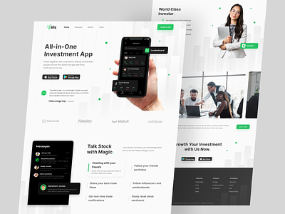 Iris Redesign - Investment App Landing Page app bank bussiness clean design earning figma graphic design green investment landing page light mode money professional profit redesign stock ui web design website
