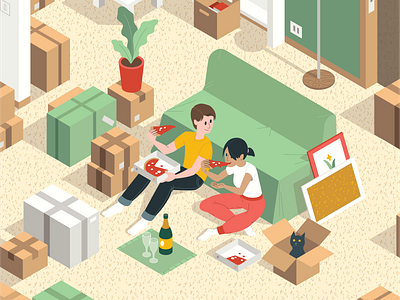 Isometric brochure image #2 | Jan 2d adobe architecture behance project cat catinabox city couple delivery food design drawing green house house move illustration isometric love pizza realestate