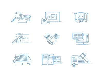 Real Estate Software Iconset 01 360 degree advertising auction behance project blue and white blueprint branding business chart clean design handshake iconset illustration linear icons project real estate servers stripes