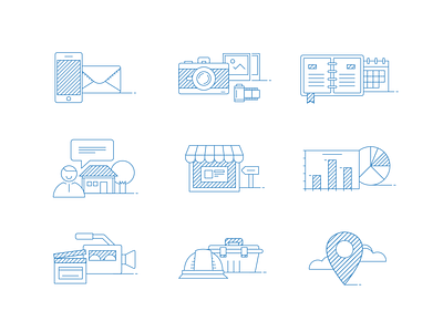 Real Estate Software Iconset 02 agenda behance project blue and white blueprint branding business chart charts clean design devices iconset illustration linear icons mail pictures project real estate real estate agent showcase stripes