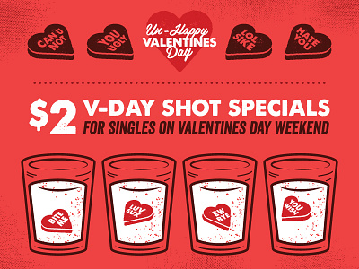 Valentines Day Shot Specials alcohol bar candy hearts illustration love relationships sayings shots singles special valentines day