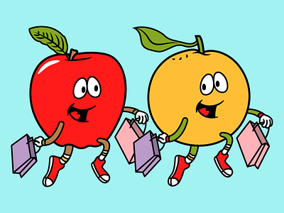 Why Skip? Website Spot Illustration - Happy Shoppers Fruit apple apples and oranges fruit happy illustration orange school house rock shopping skip skipping spot illustrations