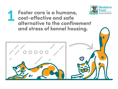 Maddie's Fund - 1st Guiding Principle for Foster Programs animal butt cage calico cat confinement foster care happy humane icons illustration infographic kennel love outside rescue sad shelter stress