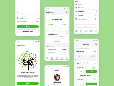 Saham (Investment) Concept App account app dashboard design green invest investment login mobile money profile saham simple ui ui design user interface