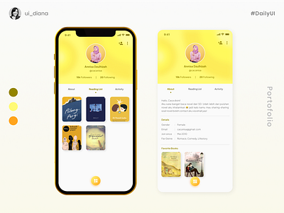 Profile android app application button challenge dailyui design dribbble ios layout portofolio profile ui uiux ux yellow