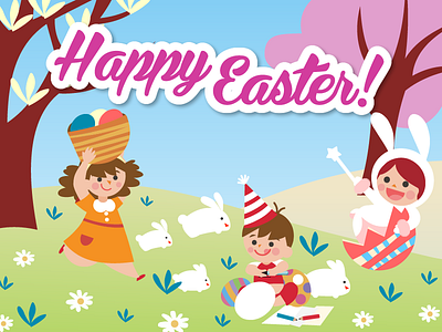 Happy Easter children eggs happy easter kid rabbits spring