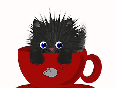CUP of CAT art black cat catoon cut graphic design kitty red tea wallart