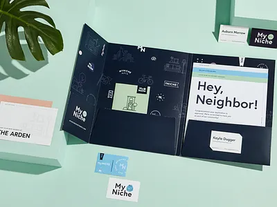 MyNiche Collateral Overview apartments branding businesscard folder mint myniche navy blue print