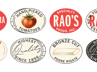 Rao's Badge Exploration badges branding cpg food branding label packaging pasta penne red sauce stickers tomato
