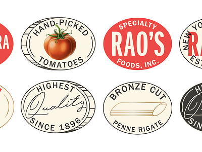 Rao's Badge Exploration badges branding cpg food branding label packaging pasta penne red sauce stickers tomato