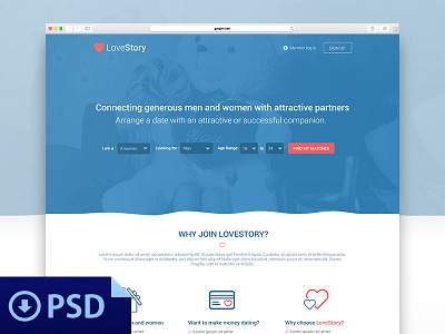 Dating Website Theme - Free Psd blue dating free heart love photoshop psd story template theme web design website