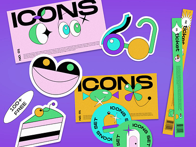 Free Icons & Stickers Set (100+) animation colorful design flyer free graphic design icons illustration logo mockup motion graphics stickers template trippy ui