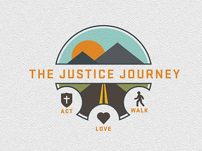 Justice Journey Rd2 act badge illustration landscape love mission mountains road sky sun vector walk