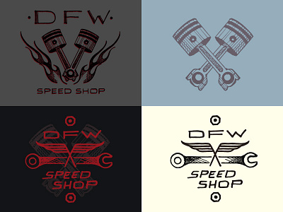 DFW Speed Shop auto car flames hand drawn logo pistons racing retro tune vintage wrench