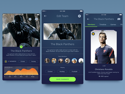 A team management feature in a sports co-ordination application. android cards darktheme design ios management material minimal mobile sports team
