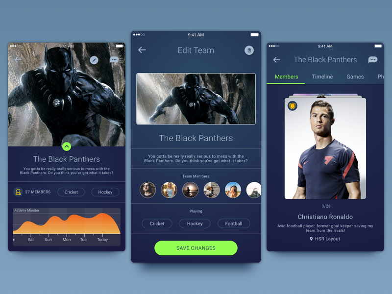 A team management feature in a sports co-ordination application. mobile sports team ios management cards material minimal android design darktheme