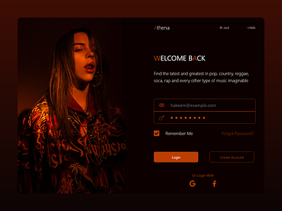 Daily UI 102 - Athena Music brown concept design flat landingpage login minimal music music app music player musician orange product page ui web website xd