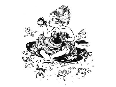 Princess and Frogs black and white fairytale frog illustration ink princess